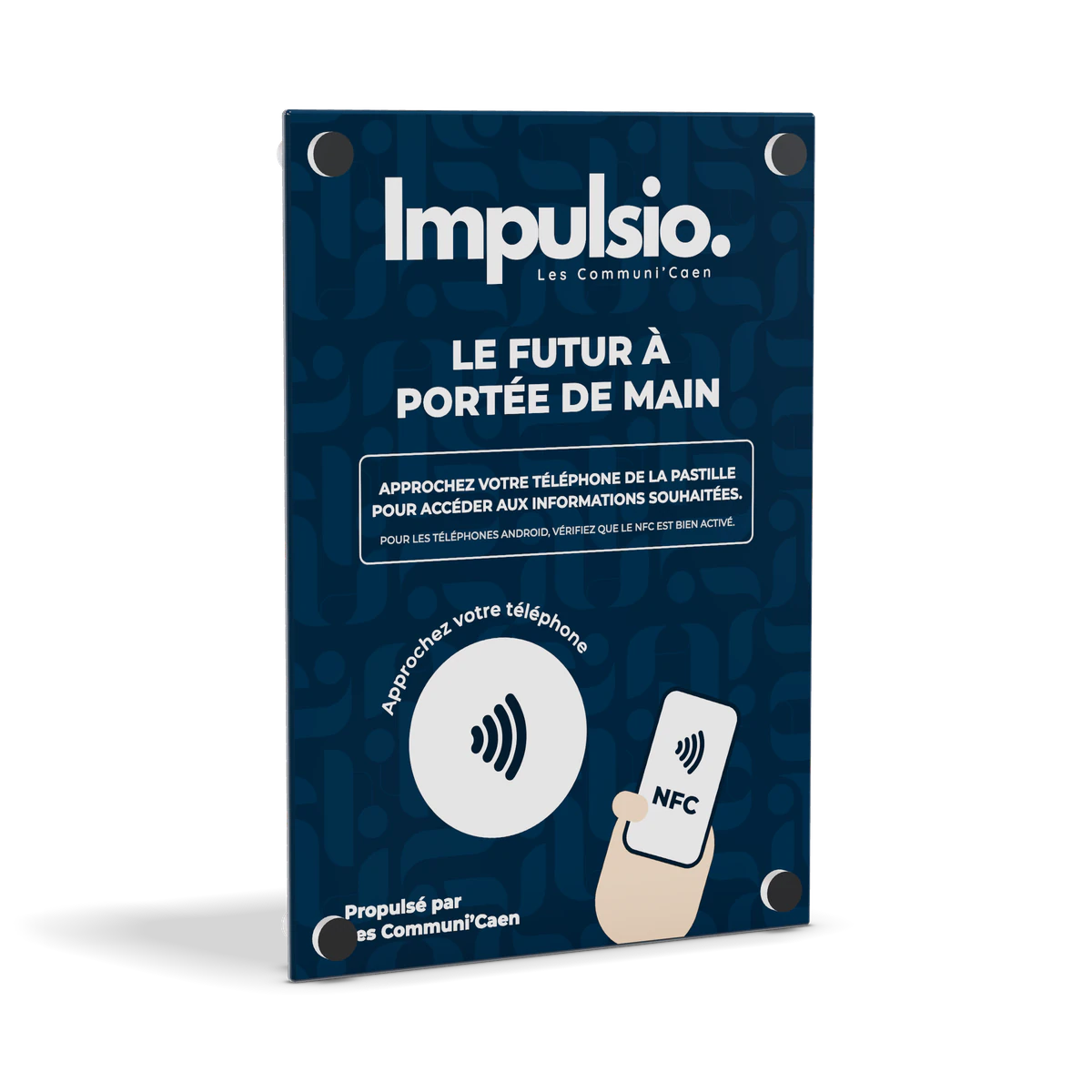 Enseigne connectée Impulsio en plexiglas, avec sa pastille NFC
